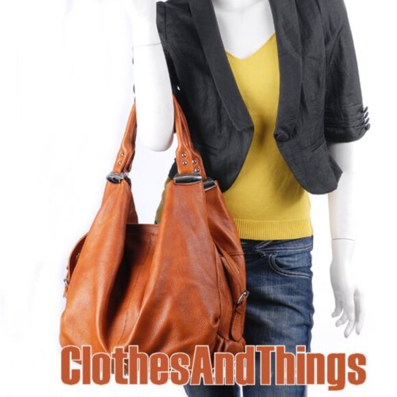 Leather Caramel Tan Unique Hobo Handbag - NEW - Picture 2 of 12